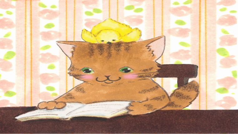 勉強している猫とひよこ（イラストAC／作者：なっちゃん さん）